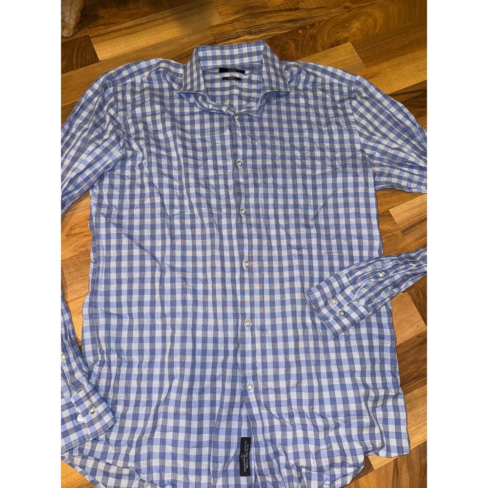 Hugo Boss Button Down Shirt Mens 16 Blue Gingham Italian Fabric Slim office work